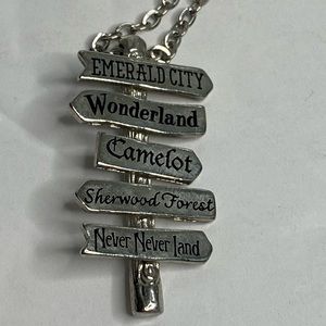 Fairytale Sign Necklace Emerald City Camelot Wonderland Sherwood Forest Never